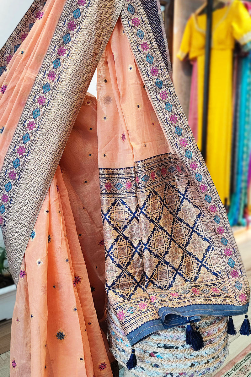 Peach Chanderi Soft Silk Saree with Intricate Weaving