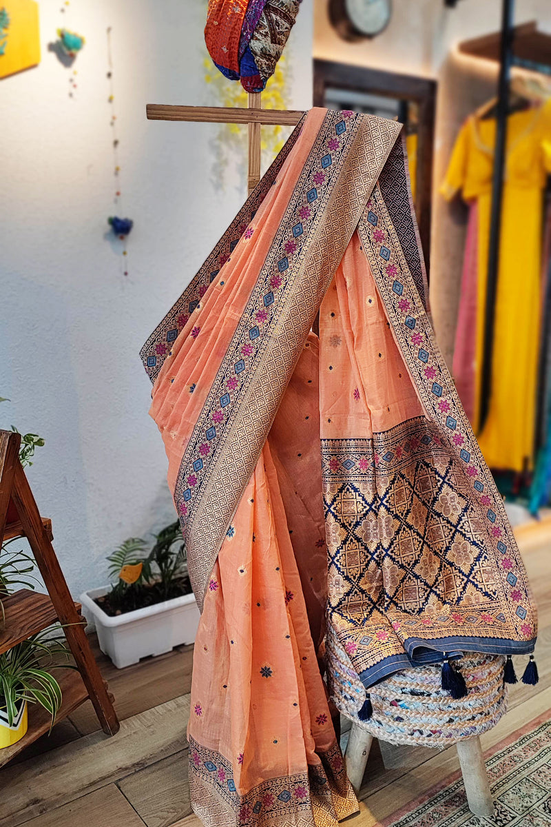 Peach Chanderi Soft Silk Saree with Intricate Weaving