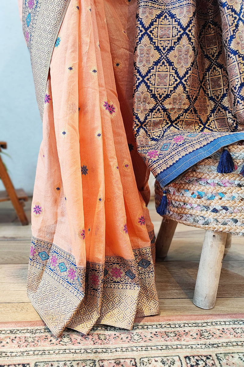 Peach Chanderi Soft Silk Saree with Intricate Weaving