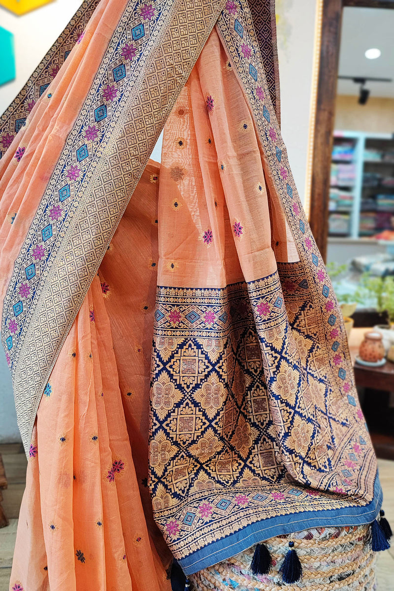 Peach Chanderi Soft Silk Saree with Intricate Weaving