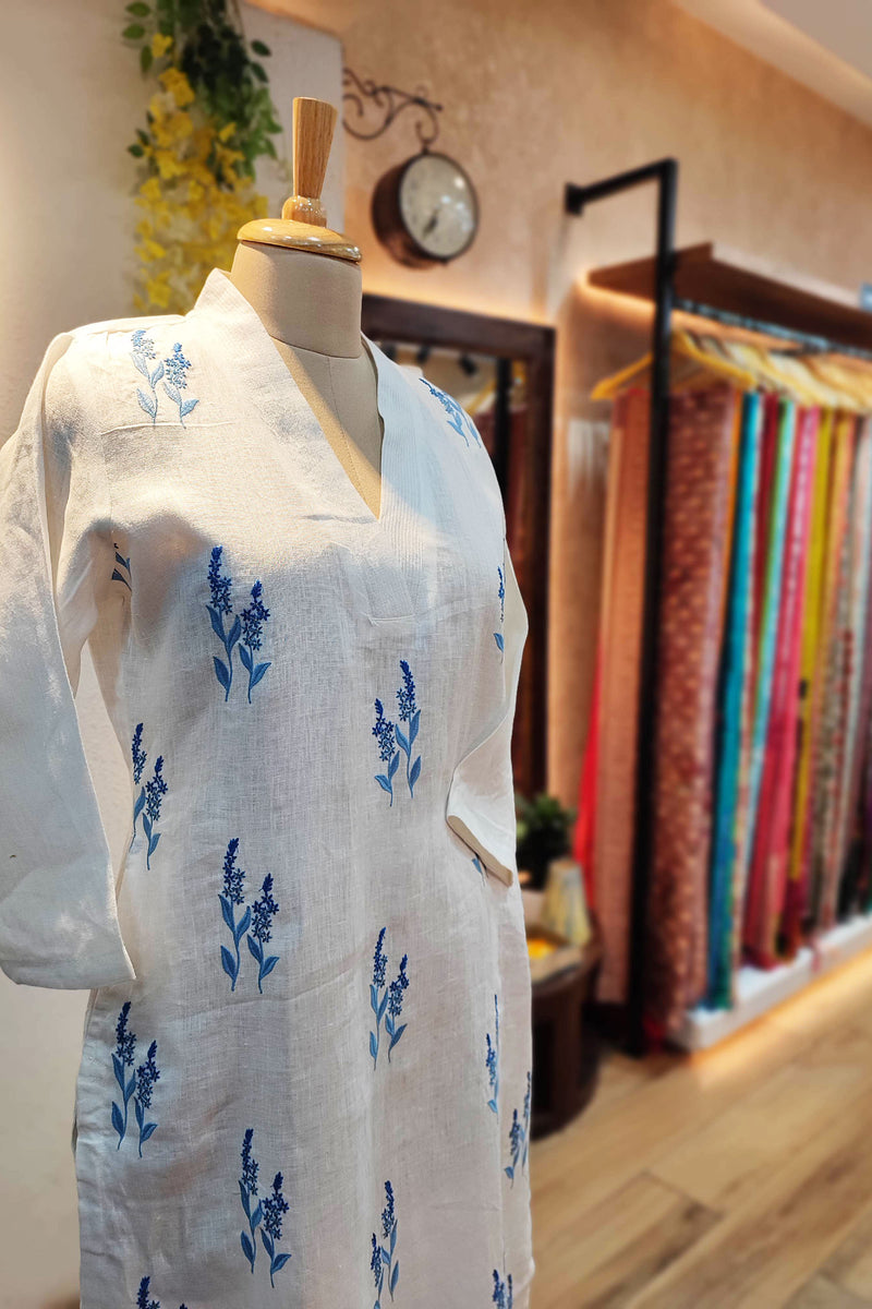 White Linen Kurta with Blue Embroidery