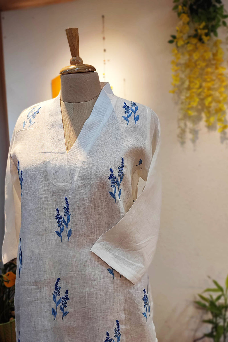 White Linen Kurta with Blue Embroidery