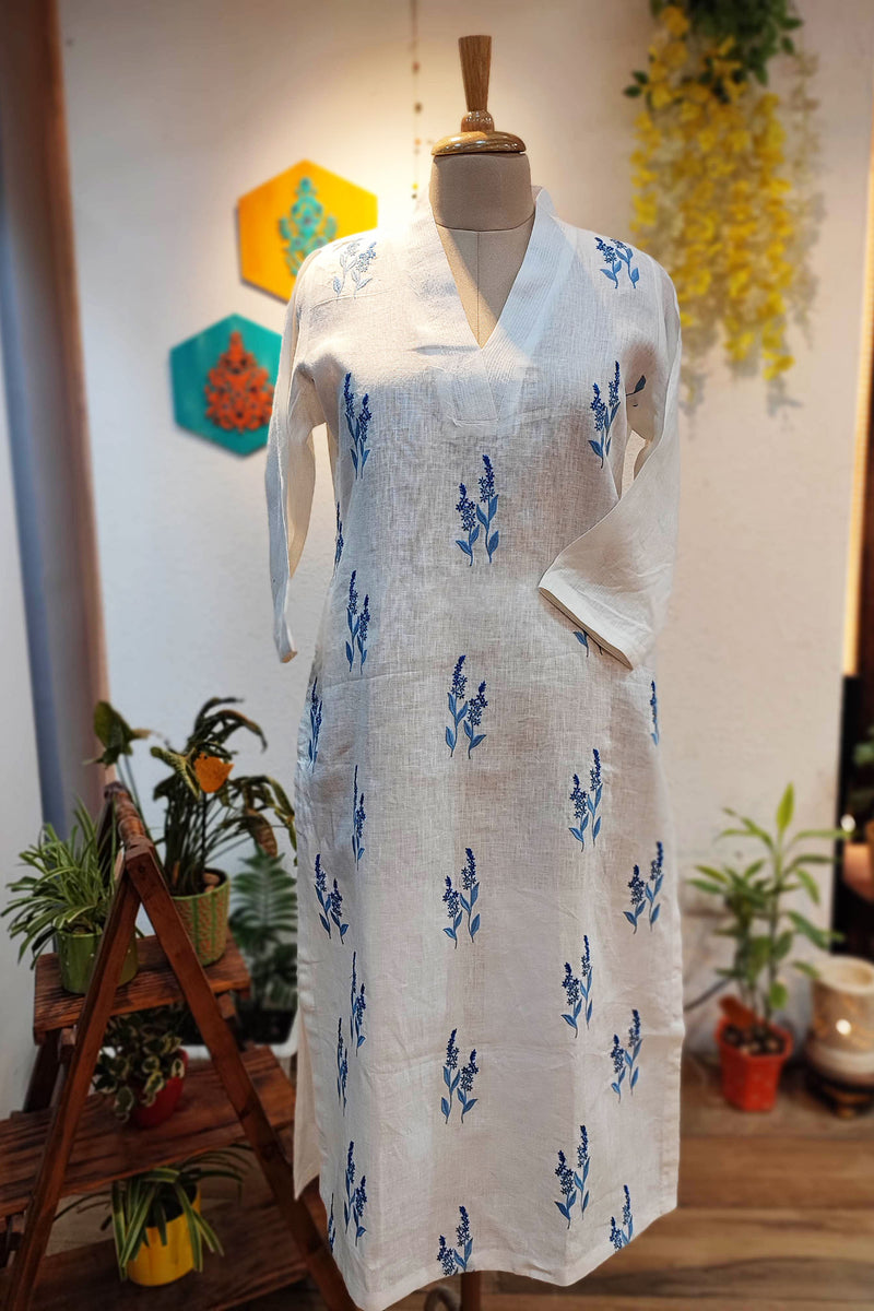 White Linen Kurta with Blue Embroidery