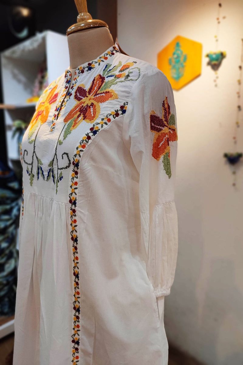 White Mulmul Cotton Full Sleeve Dress Cum Kurta