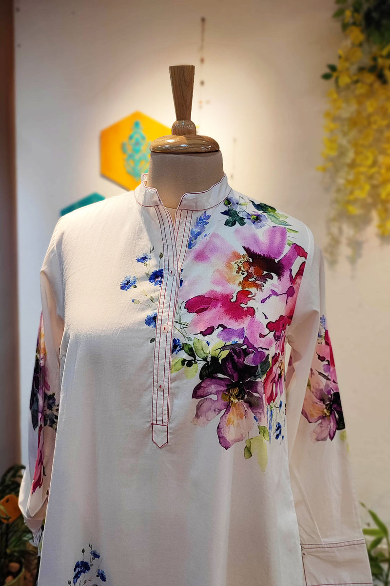 White Mulmul Cotton Full Sleeve Digital Print Dress Cum Kurta