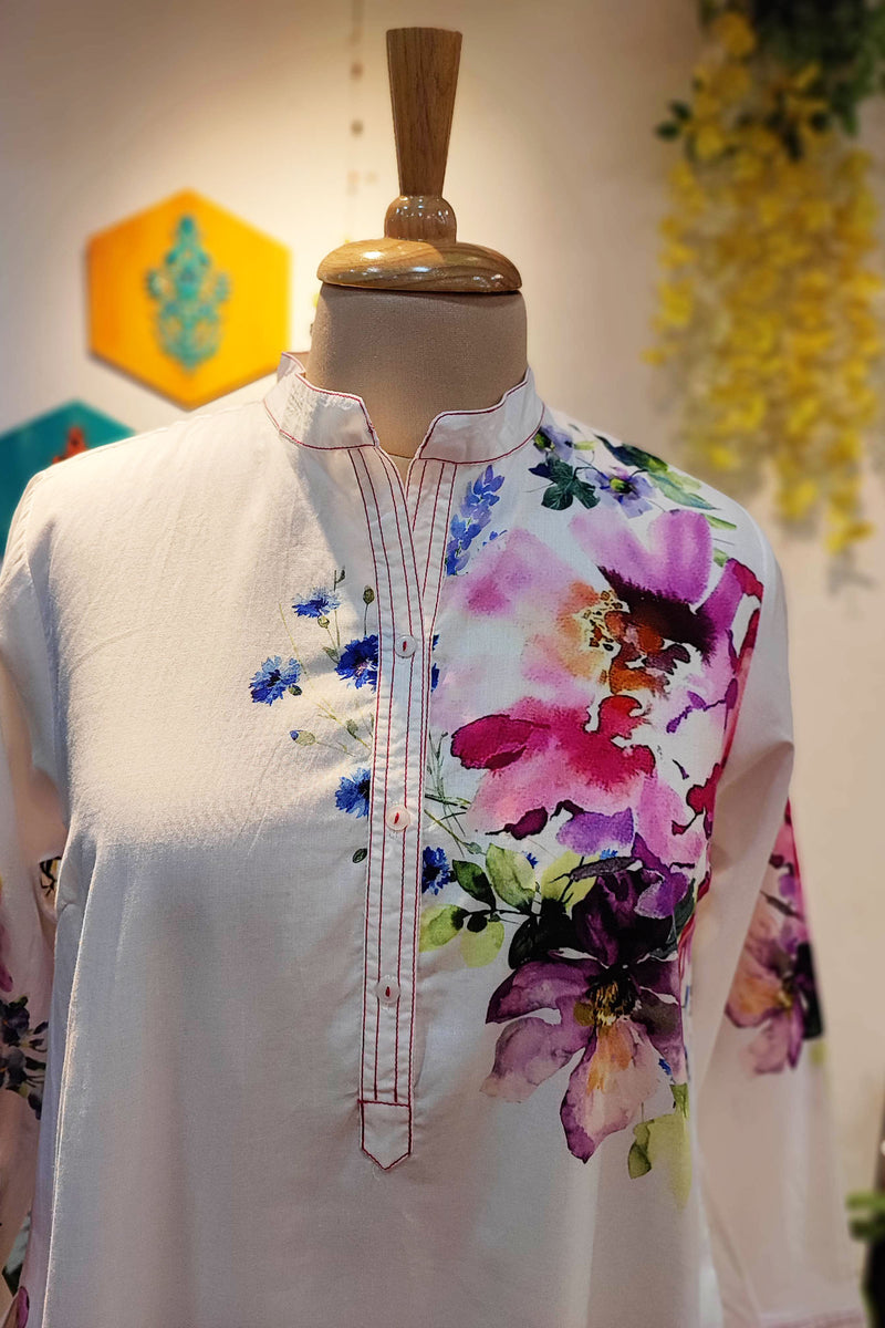 White Mulmul Cotton Full Sleeve Digital Print Dress Cum Kurta