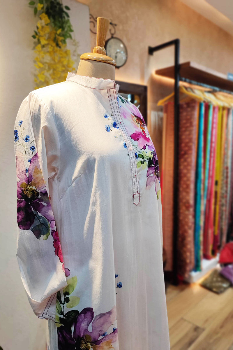 White Mulmul Cotton Full Sleeve Digital Print Dress Cum Kurta