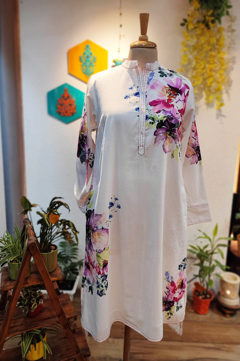 White Mulmul Cotton Full Sleeve Digital Print Dress Cum Kurta