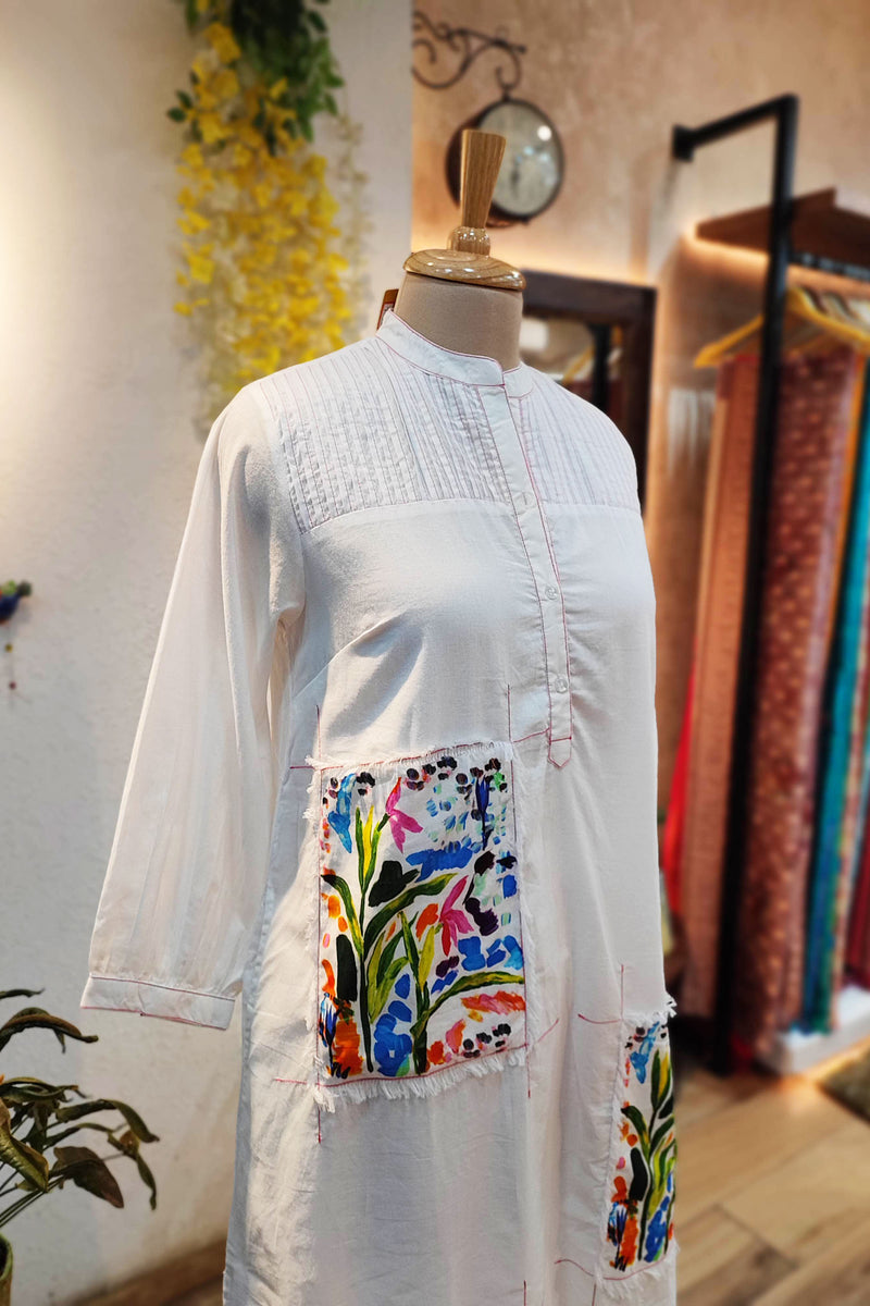 White Mulmul Cotton Full Sleeve Patchwork Dress Cum Kurta