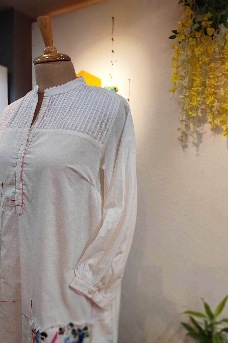White Mulmul Cotton Full Sleeve Patchwork Dress Cum Kurta