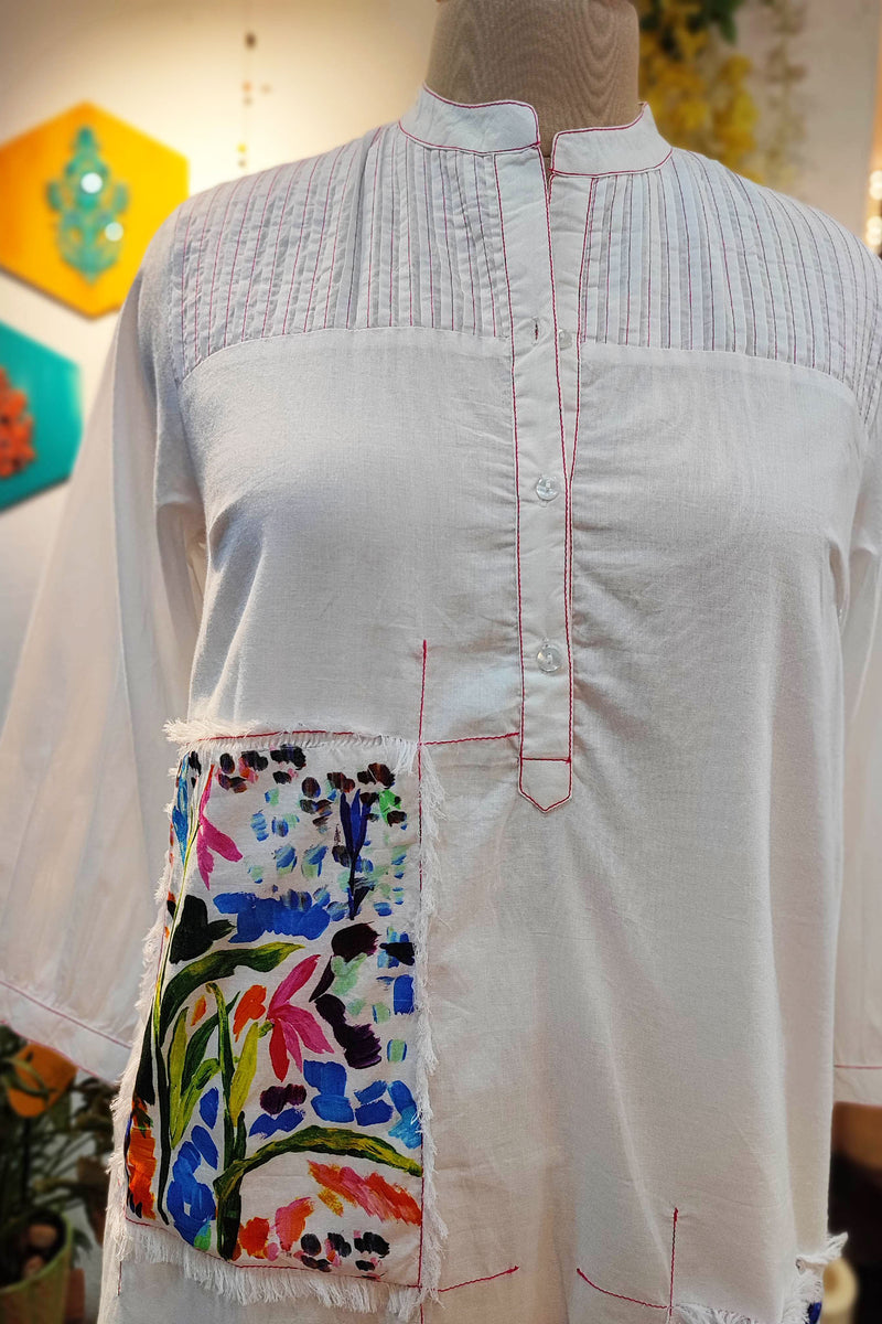 White Mulmul Cotton Full Sleeve Patchwork Dress Cum Kurta