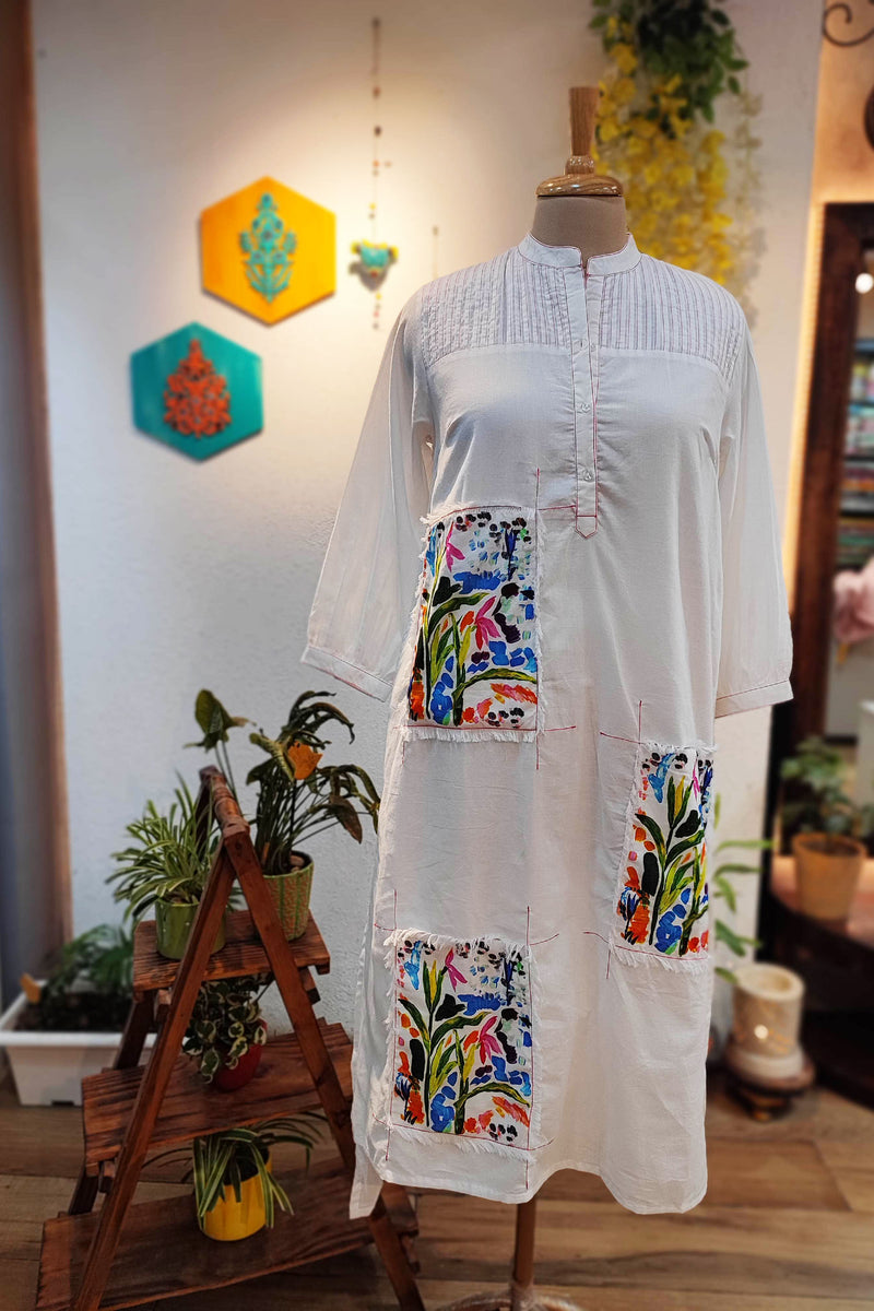White Mulmul Cotton Full Sleeve Patchwork Dress Cum Kurta