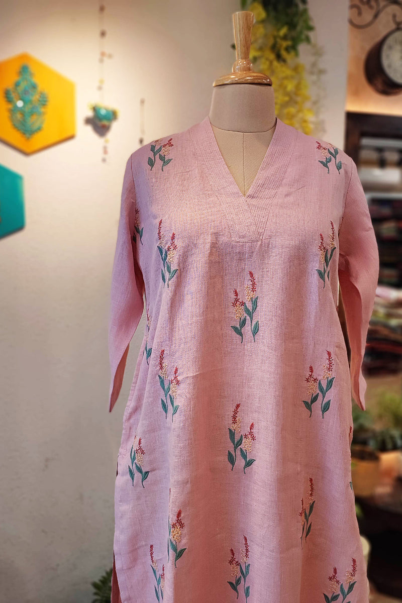 Peach Pure Linen Kurta with Embroidery