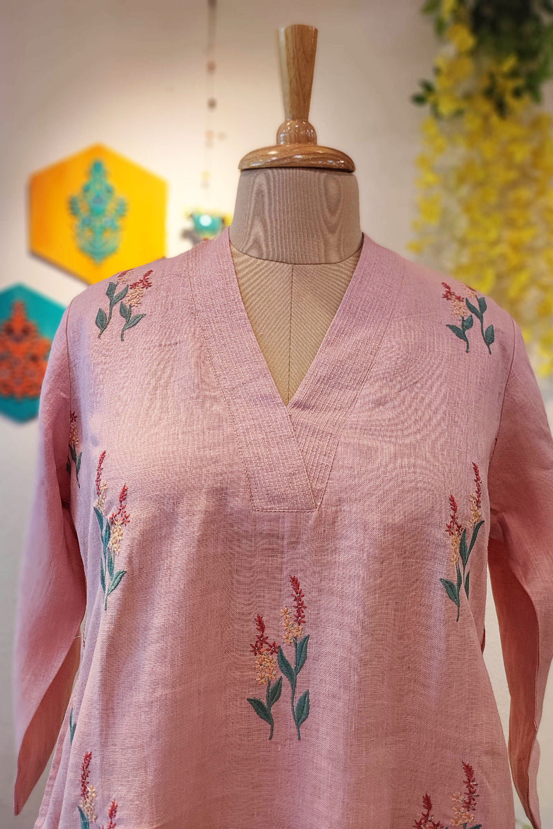 Peach Pure Linen Kurta with Embroidery