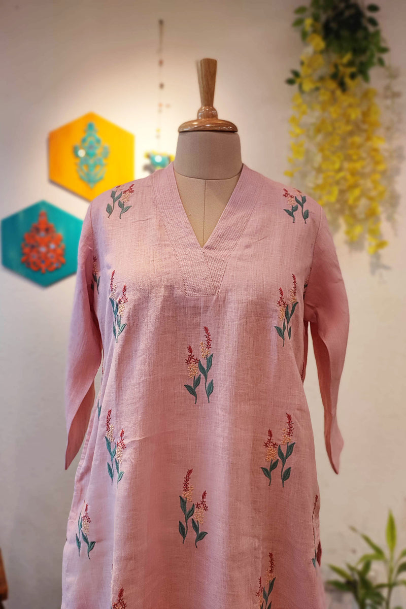 Peach Pure Linen Kurta with Embroidery