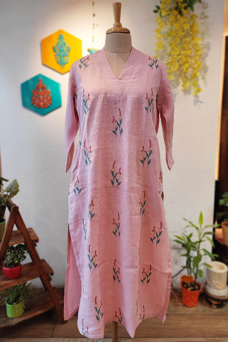 Peach Pure Linen Kurta with Embroidery