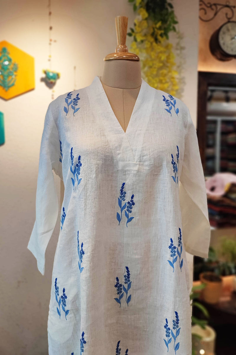 White Linen Kurta with Blue Embroidery