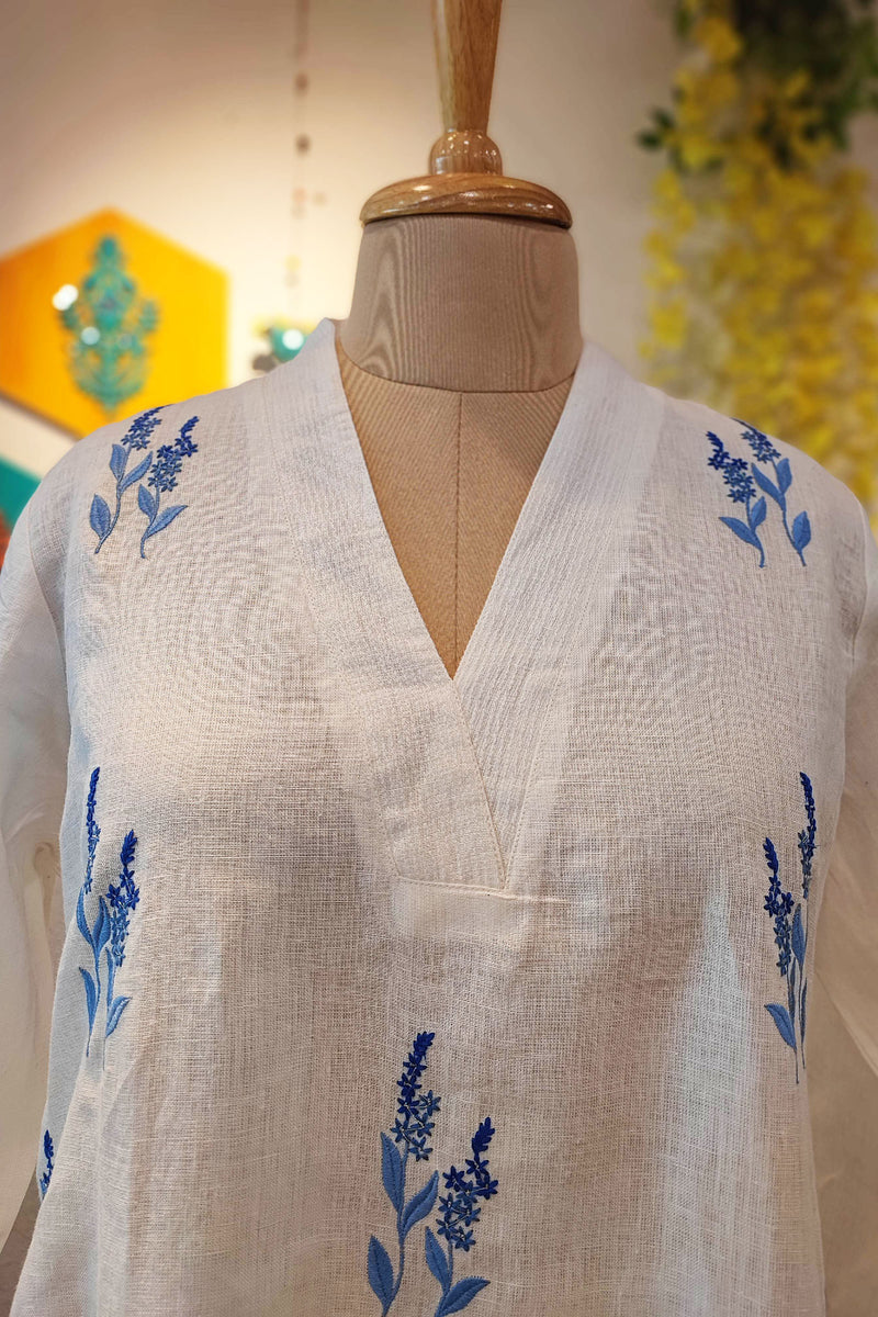 White Linen Kurta with Blue Embroidery