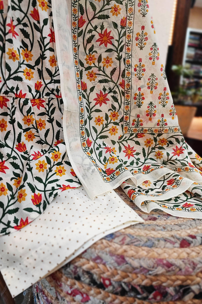 Off White Floral Print Pure Cotton Flared Suit with Plazzo and Dupatta