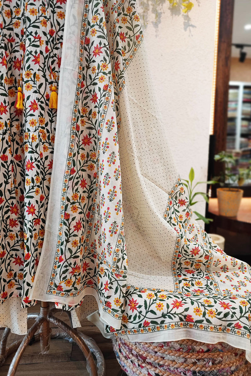 Off White Floral Print Pure Cotton Flared Suit with Plazzo and Dupatta