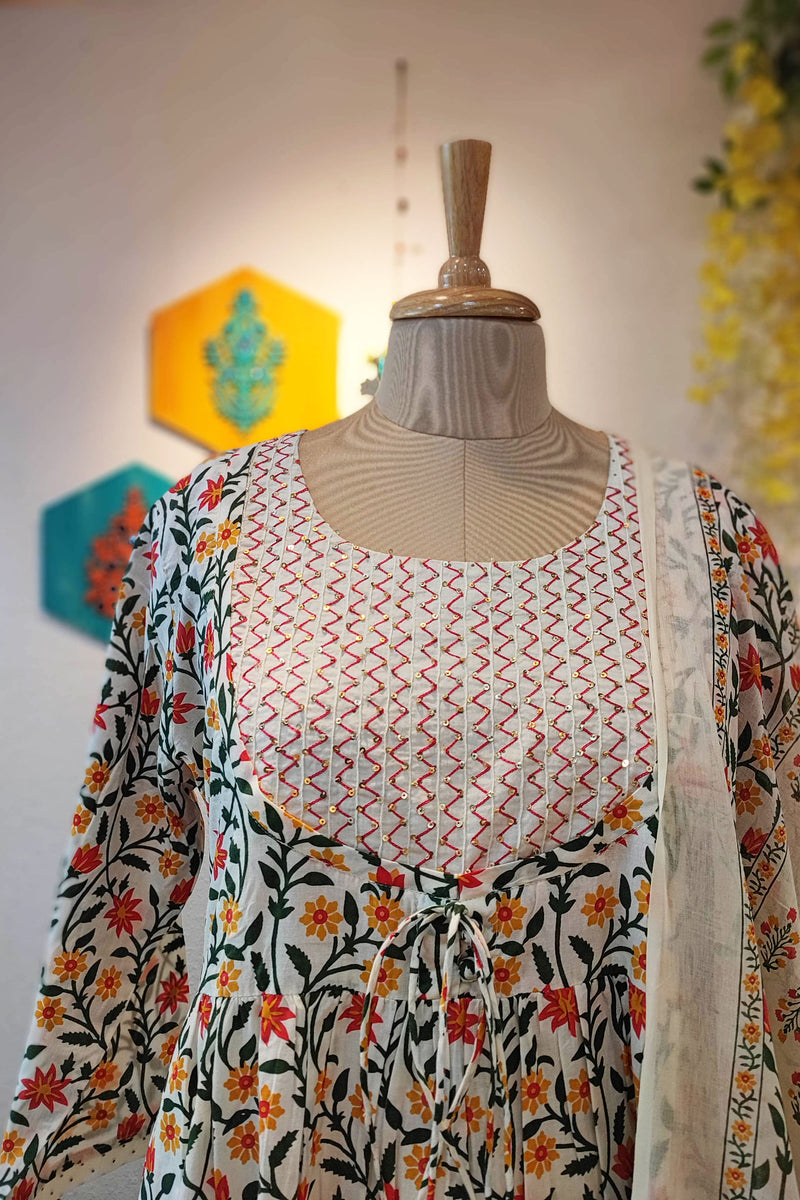 Off White Floral Print Pure Cotton Flared Suit with Plazzo and Dupatta