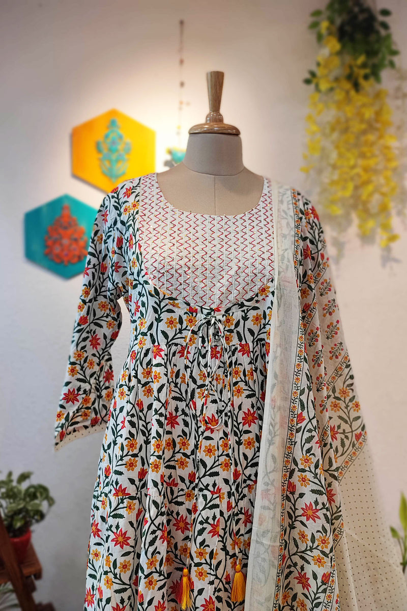 Off White Floral Print Pure Cotton Flared Suit with Plazzo and Dupatta