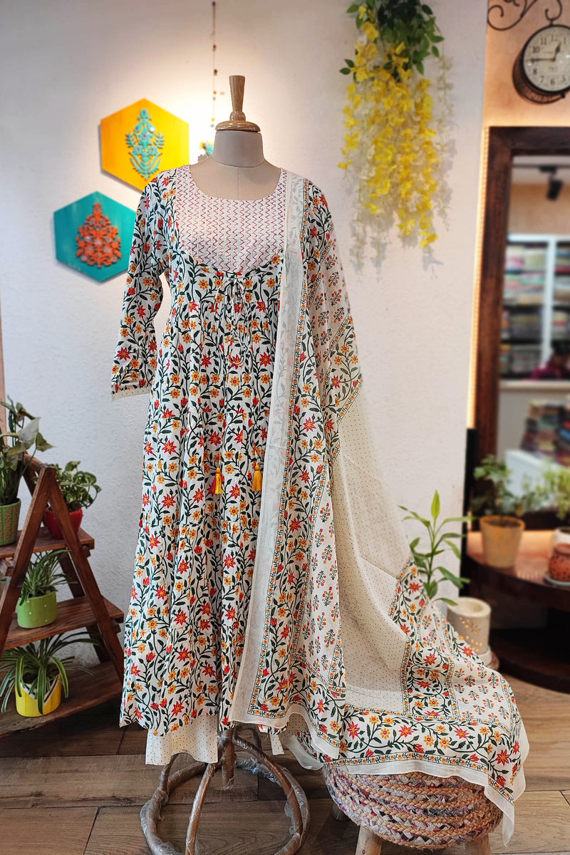 Off White Floral Print Pure Cotton Flared Suit with Plazzo and Dupatta