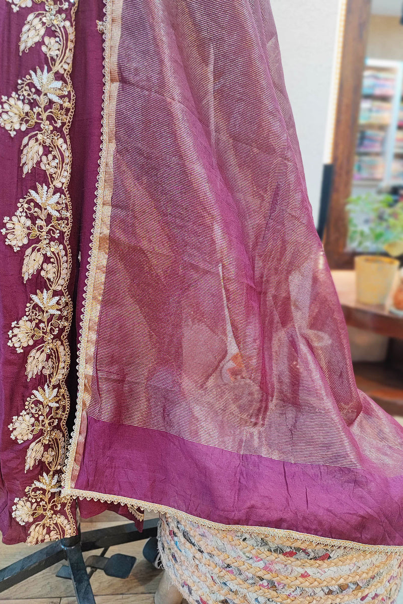 Maroon Mul Chanderi 3-Piece Suit Set with Handwork & Tissue Dupatta