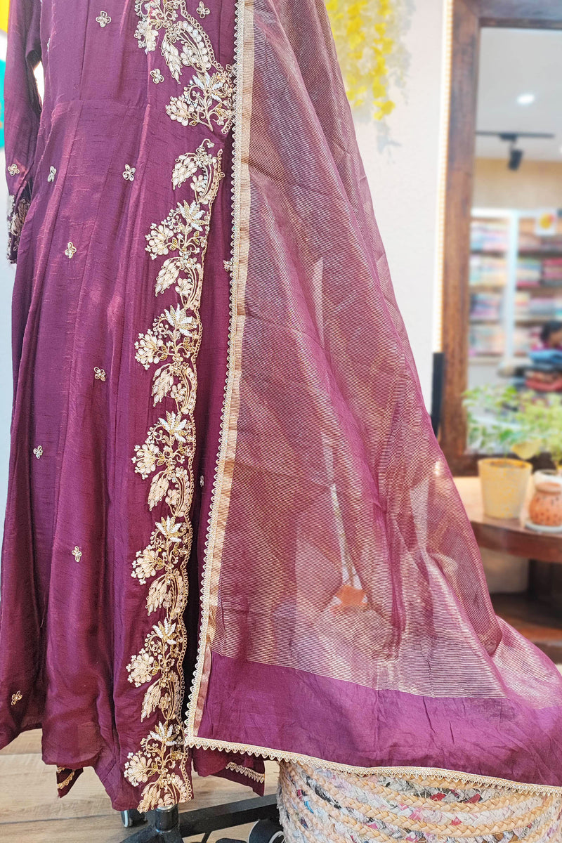 Maroon Mul Chanderi 3-Piece Suit Set with Handwork & Tissue Dupatta