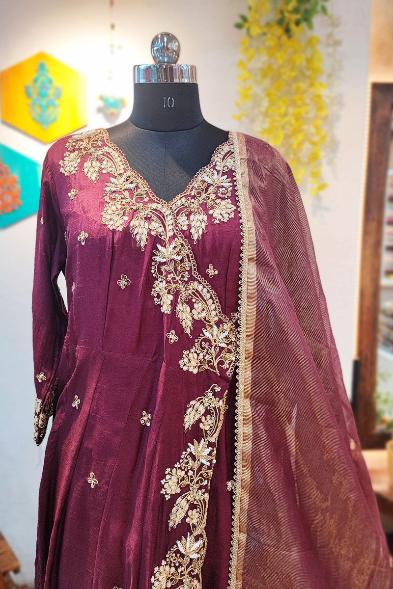 Maroon Mul Chanderi 3-Piece Suit Set with Handwork & Tissue Dupatta