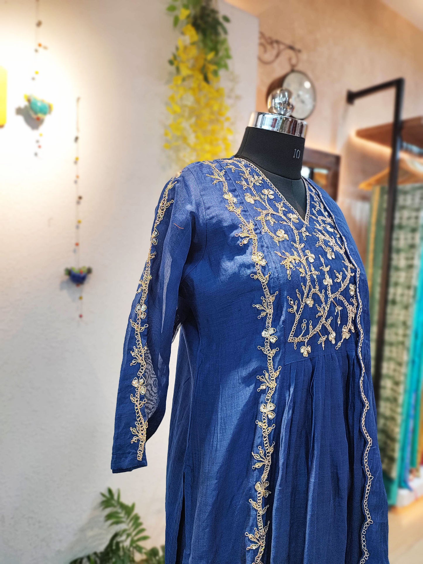 Cerulean Blue Mul Chanderi 3-Piece Suit Set with Handwork