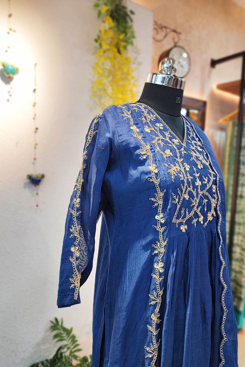 Cerulean Blue Mul Chanderi 3-Piece Suit Set with Handwork
