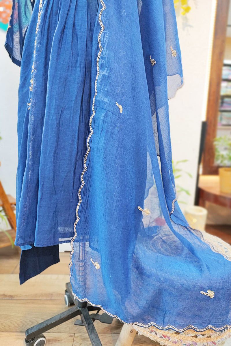 Cerulean Blue Mul Chanderi 3-Piece Suit Set with Handwork