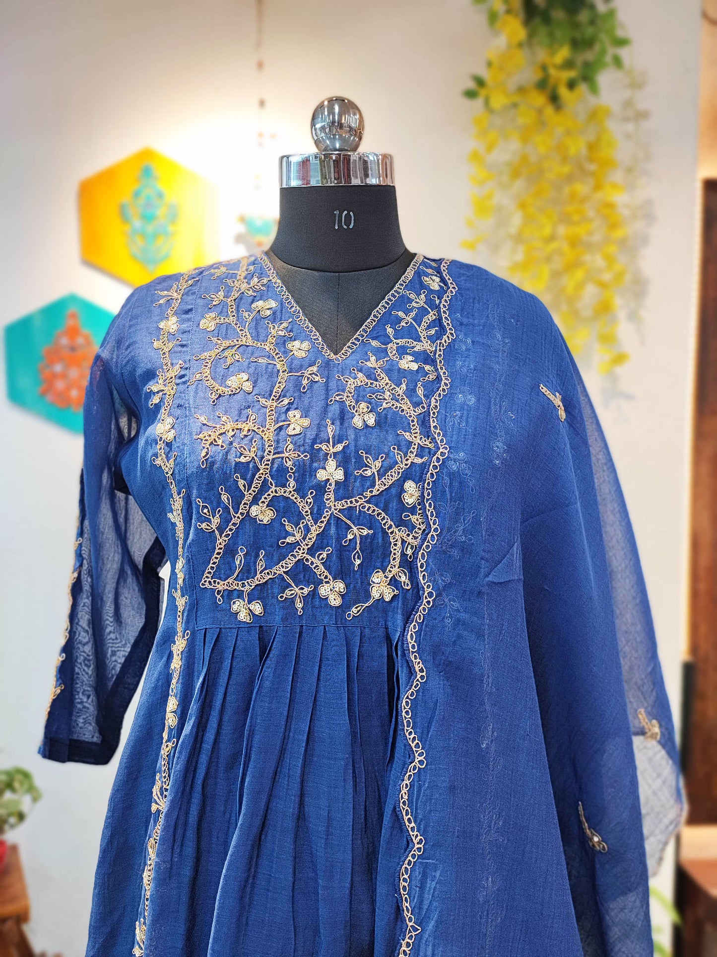 Cerulean Blue Mul Chanderi 3-Piece Suit Set with Handwork