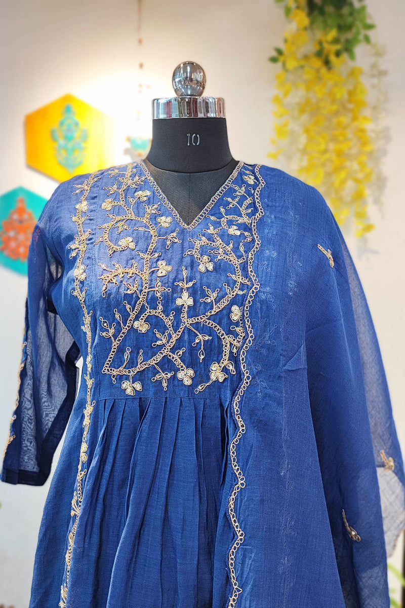 Cerulean Blue Mul Chanderi 3-Piece Suit Set with Handwork