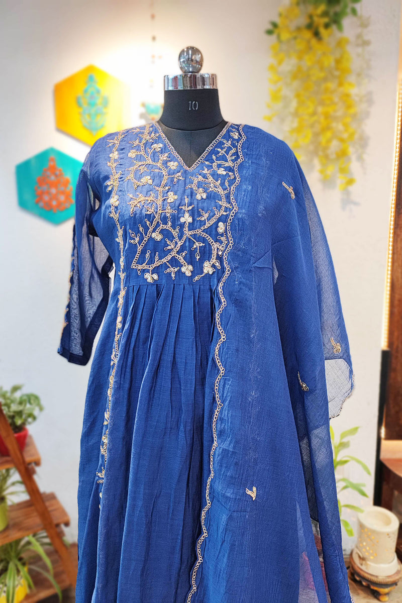 Cerulean Blue Mul Chanderi 3-Piece Suit Set with Handwork