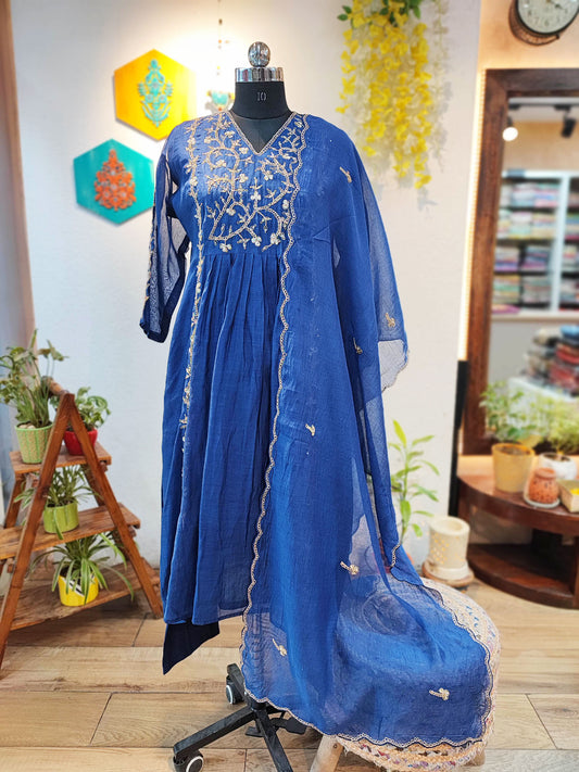 Cerulean Blue Mul Chanderi 3-Piece Suit Set with Handwork