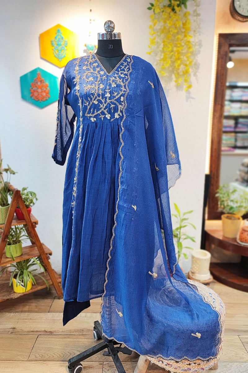Cerulean Blue Mul Chanderi 3-Piece Suit Set with Handwork