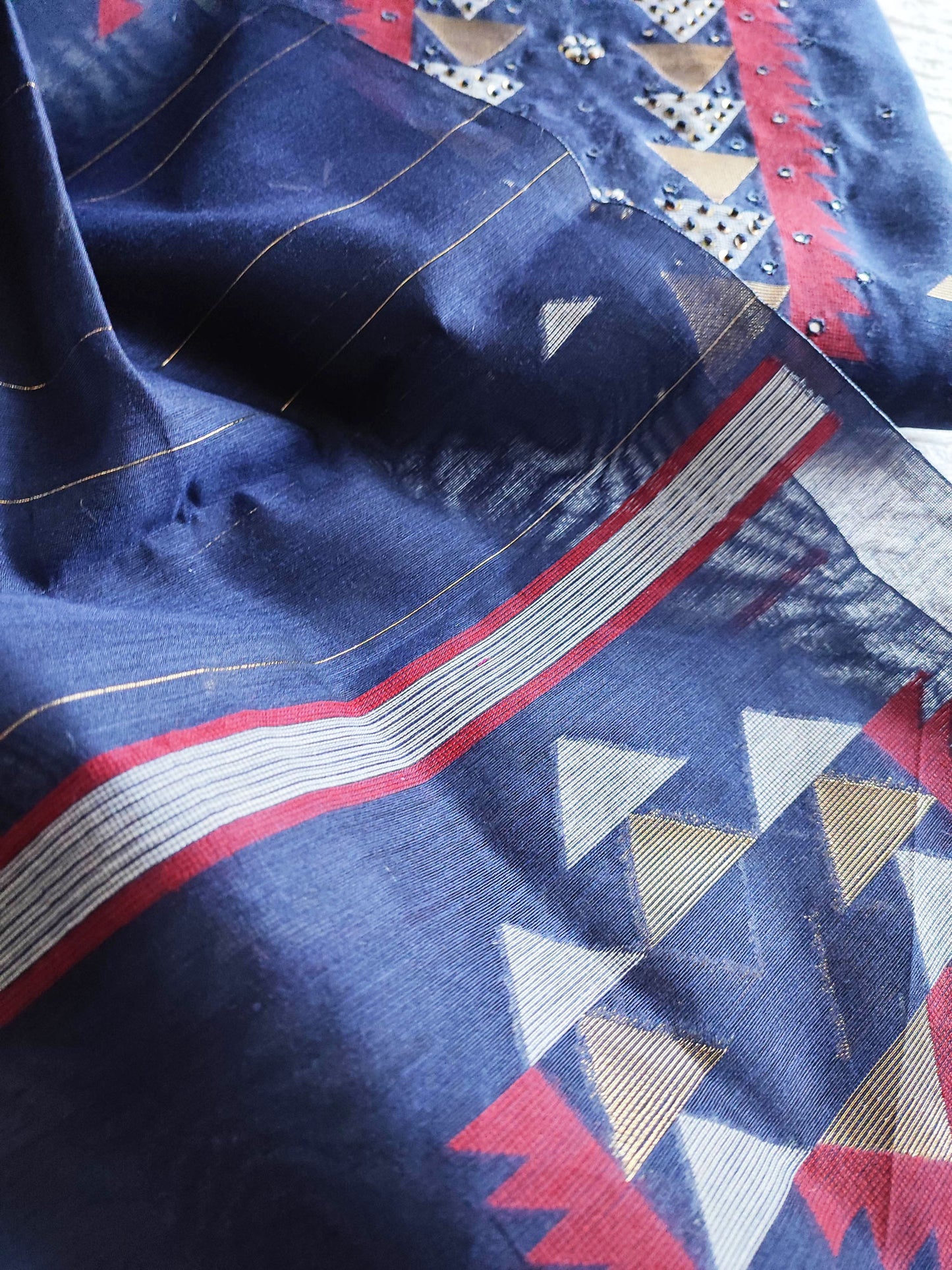 Cobalt Blue Chanderi Silk Resham Jamdani Suit Set with Geometric Weaving