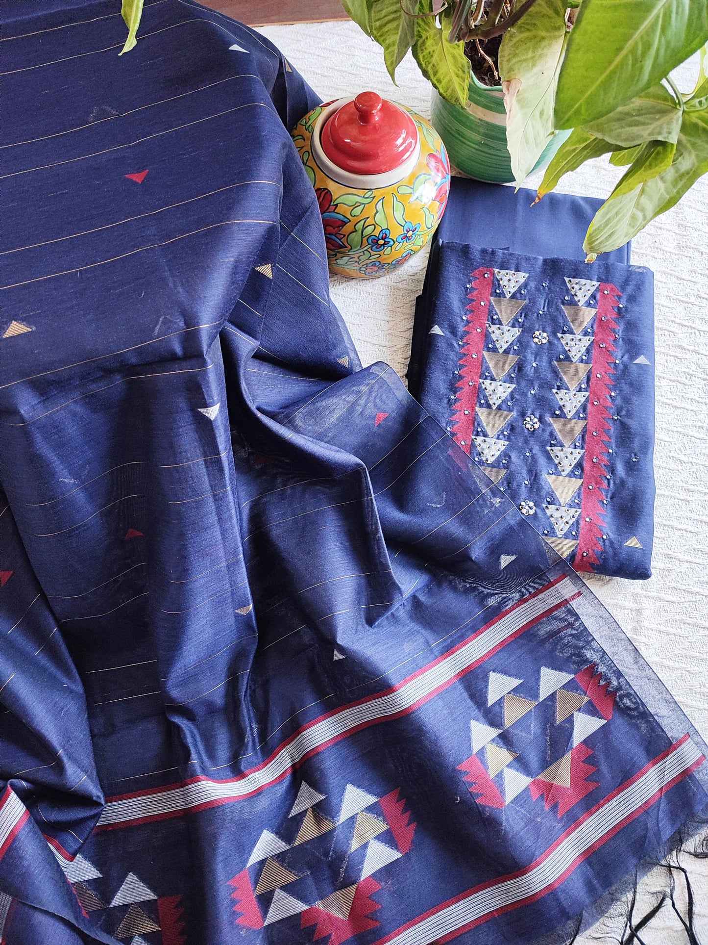Cobalt Blue Chanderi Silk Resham Jamdani Suit Set with Geometric Weaving