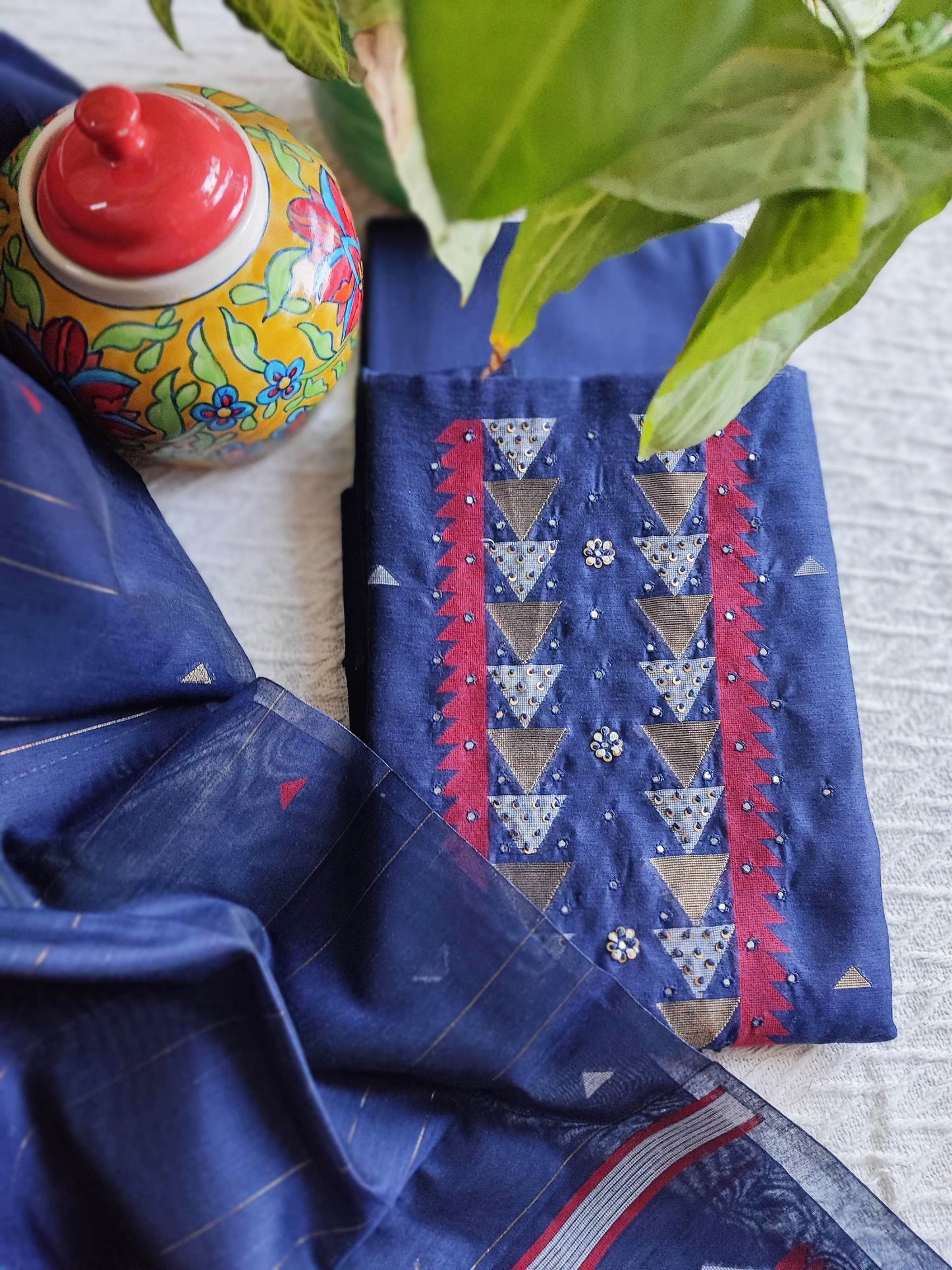 Cobalt Blue Chanderi Silk Resham Jamdani Suit Set with Geometric Weaving