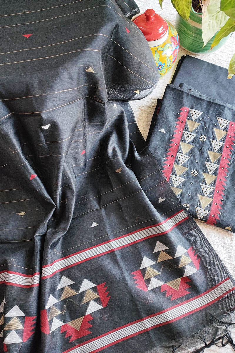 Steel Gray Chanderi Silk Resham Jamdani Suit Set with Geometric Weaving