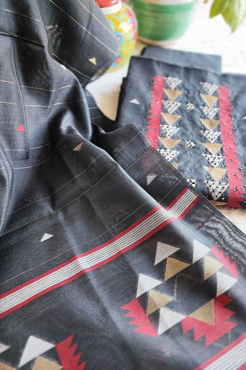 Steel Gray Chanderi Silk Resham Jamdani Suit Set with Geometric Weaving
