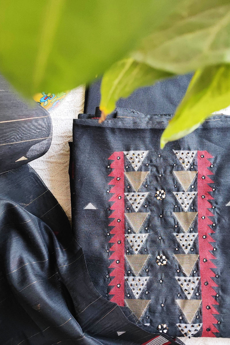 Steel Gray Chanderi Silk Resham Jamdani Suit Set with Geometric Weaving