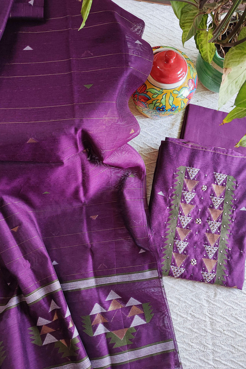 Purple Chanderi Silk Resham Jamdani Suit Set with Geometric Weaving