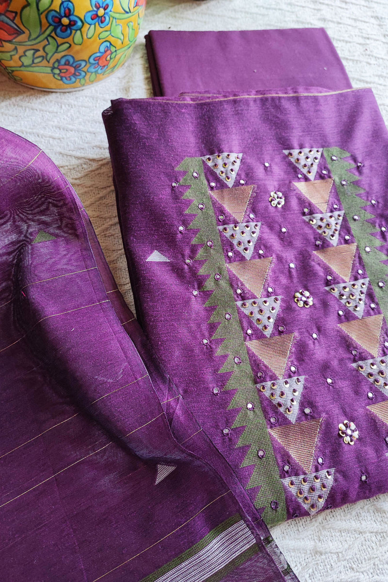 Purple Chanderi Silk Resham Jamdani Suit Set with Geometric Weaving