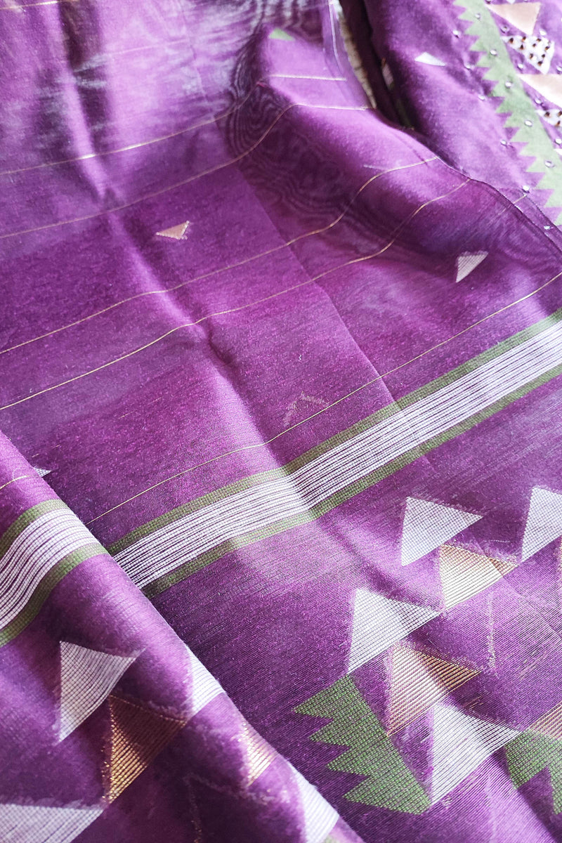 Purple Chanderi Silk Resham Jamdani Suit Set with Geometric Weaving