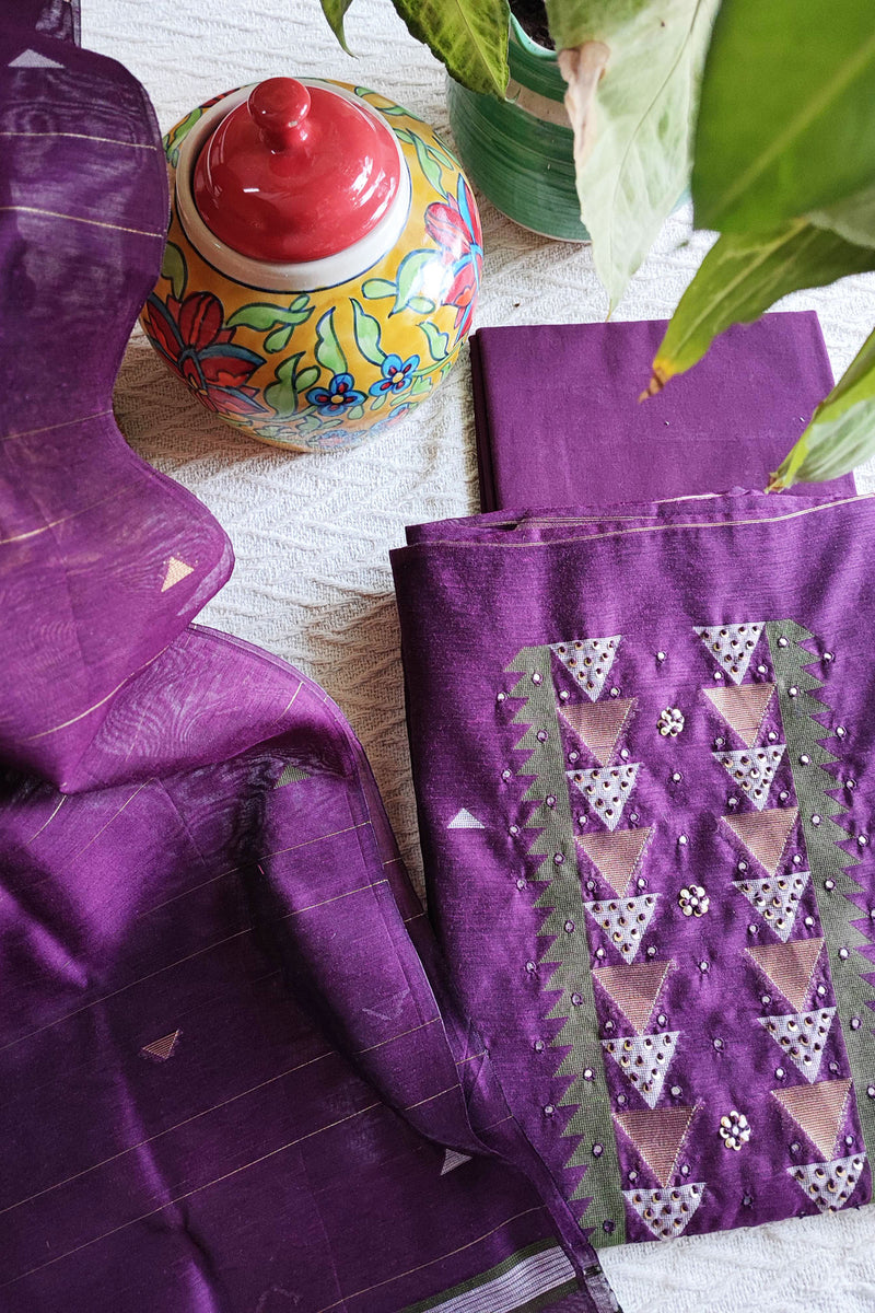 Purple Chanderi Silk Resham Jamdani Suit Set with Geometric Weaving