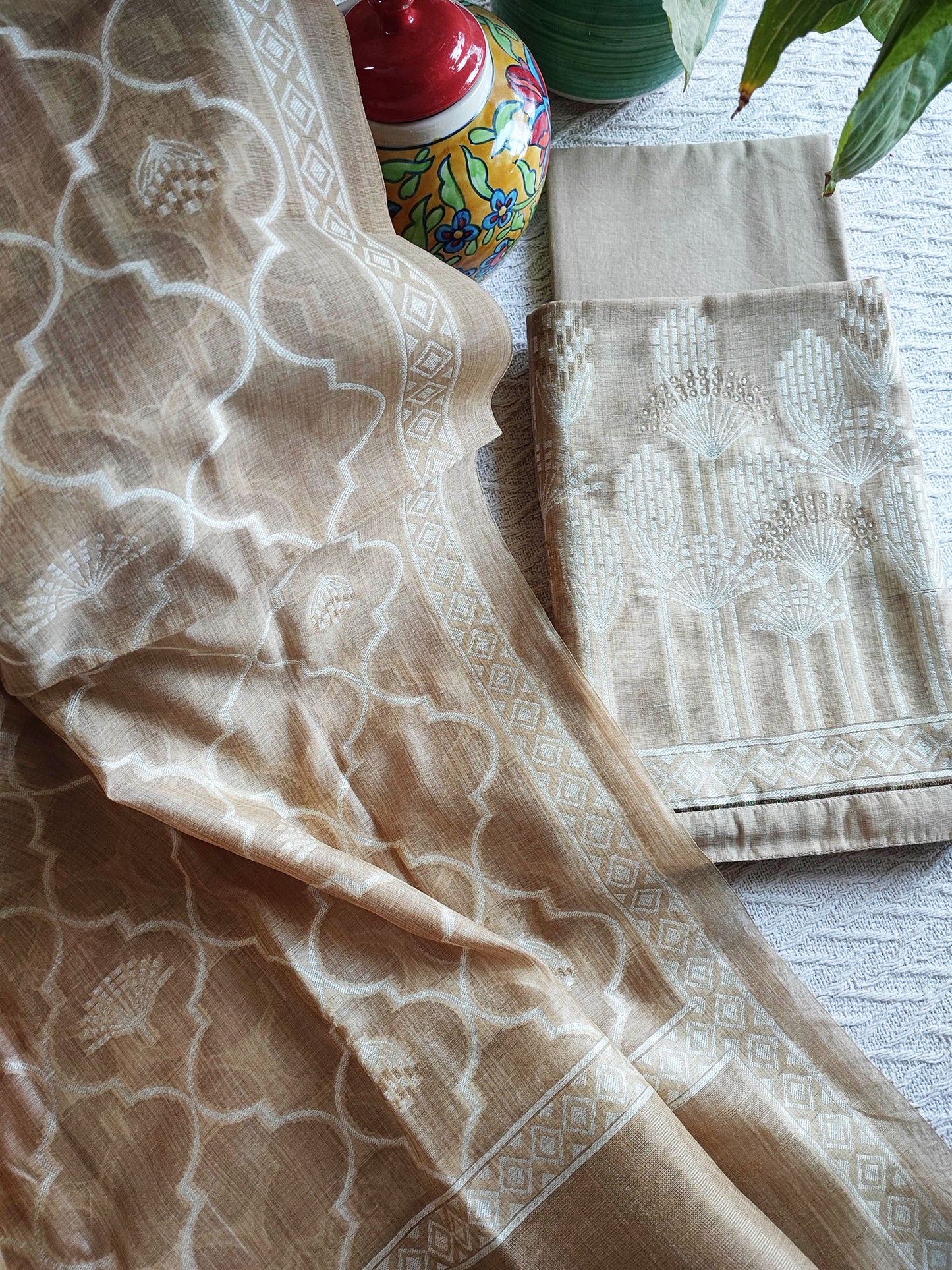Beige Chanderi Silk Resham Jamdani Suit Set with Ethnic Weaving