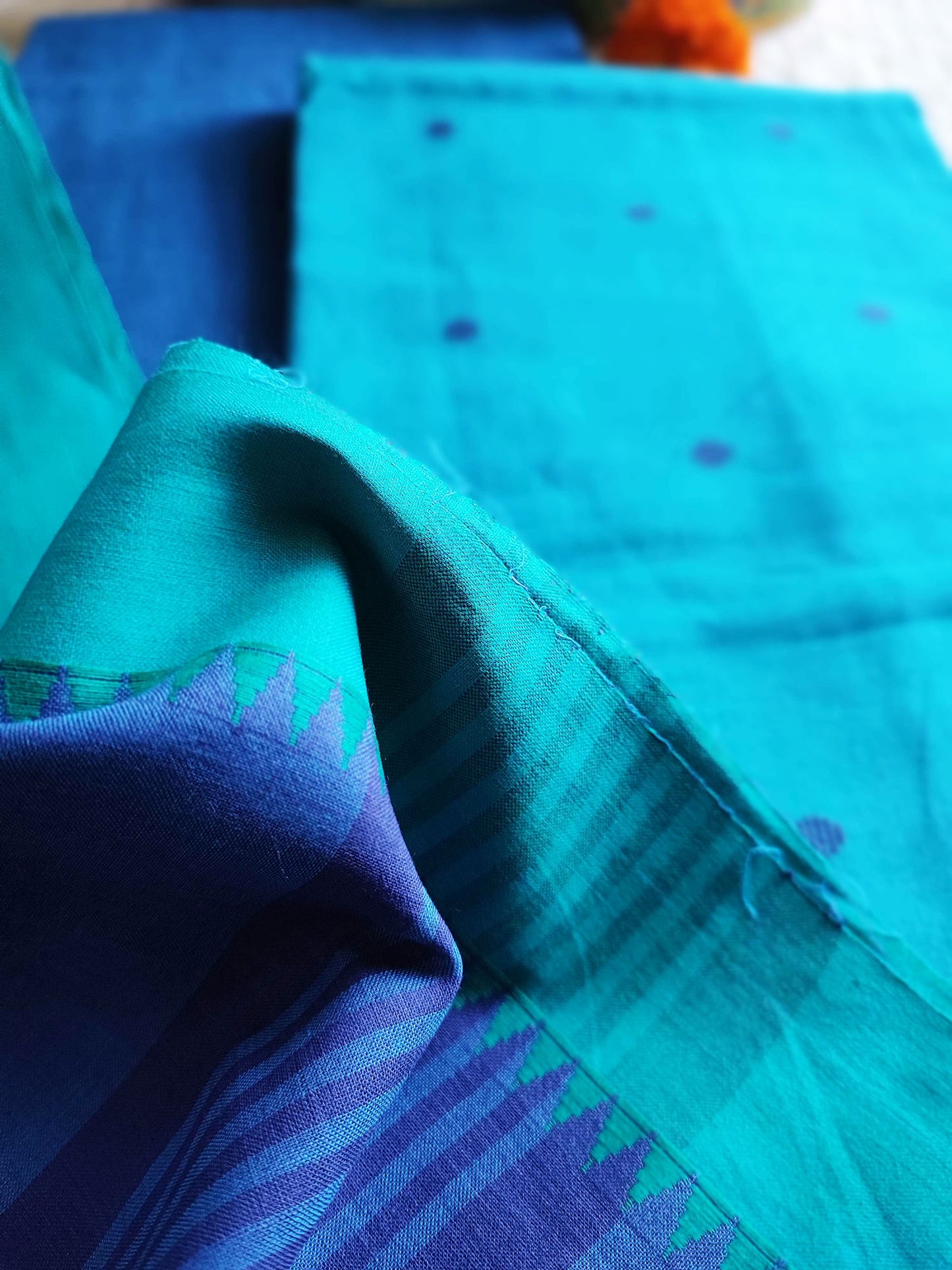 Cyan & Blue Handloom Pure Cotton Suit with Buta Weave